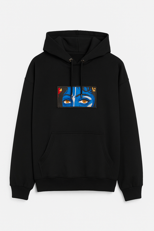 Divine Krishna Eyes Embroidered Hoodie – Spiritual Streetwear for Devotees | Bluvaé Originals
